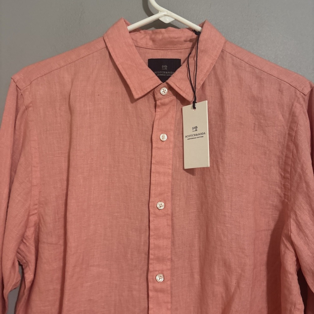 SCOTCH & SODA Men's Coral Linen Regular Fit Button-Up Shirt SZ L NWT - Picture 2 of 9